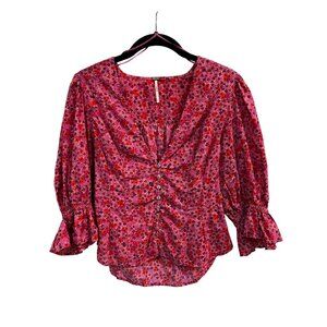 Free People Pink Floral Button-Front Blouse With Ruffle Sleeves Sz Small